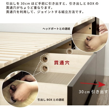 引出しを30cmほど手前に引き出すと引き出しとBOXの貫通穴がちょうど重なります。貫通穴を利用してジョイントする組立方法です。